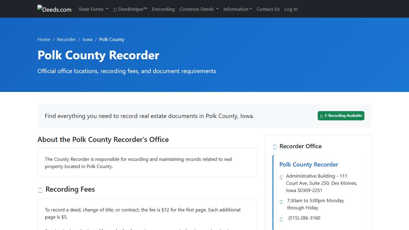 Polk County Recorder Information, Iowa - Deeds.com